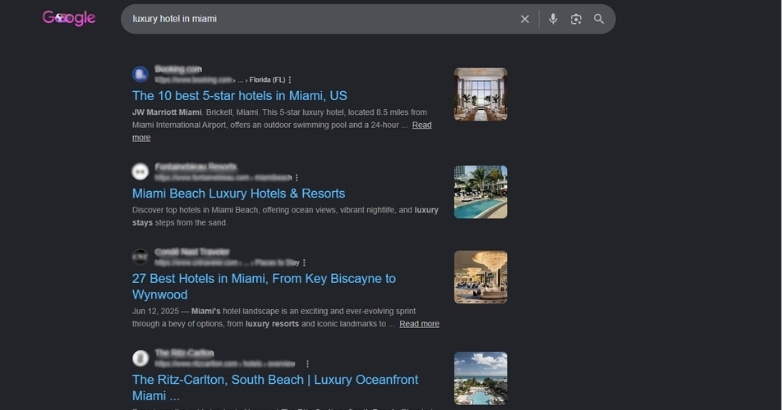 Google search results highlighting local search and Google Travel visibility for hotels.