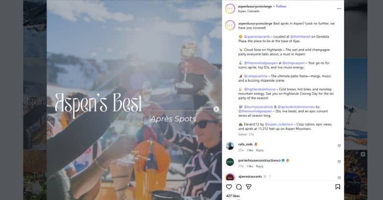 Instagram post promoting Aspen après spots for hotel social media marketing