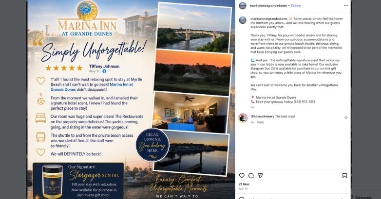 Instagram hotel ad featuring a guest review and Marina Inn at Grande Dunes amenities