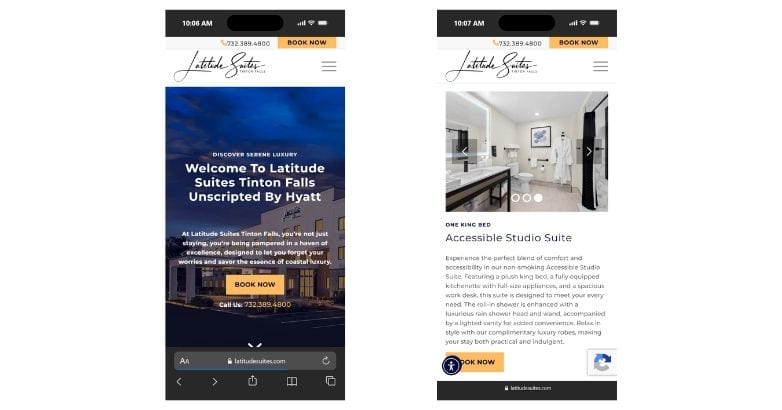 Mobile-first hotel website design with a prominent booking CTA for Latitude Suites Tinton Falls