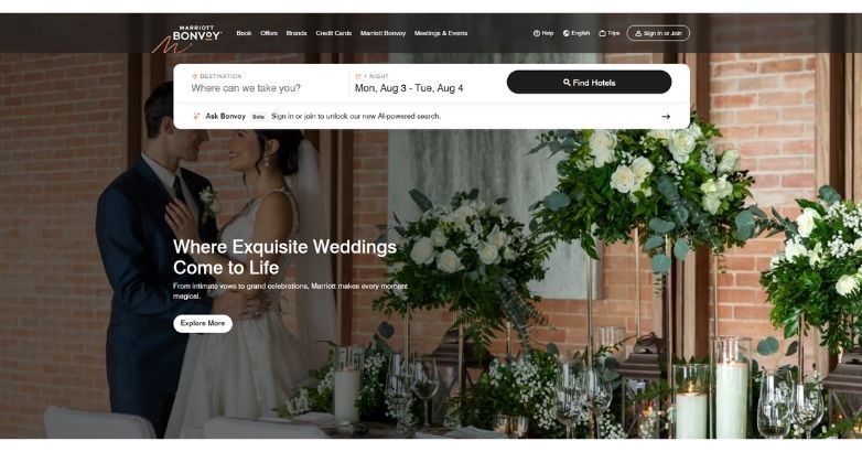 Marriott hotel website with booking search and wedding page for direct reservations