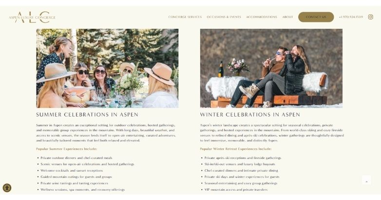 Luxury Aspen concierge website showcasing summer and winter celebration experiences