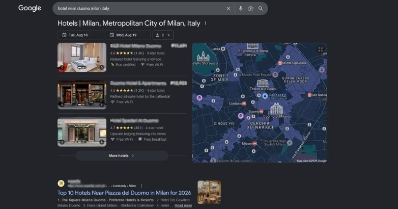 Google hotel search results and map showing Milan hotels for greater online visibility