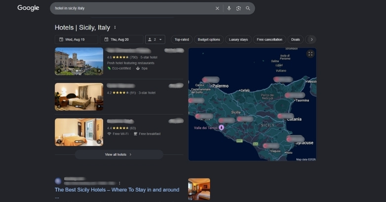 Google hotel search results for Sicily showing listings and a map for high-intent SEO illustrating the successful online hotel marketing