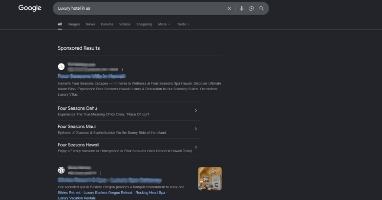 Google sponsored hotel results showcasing Hotel Ads for luxury travel searches