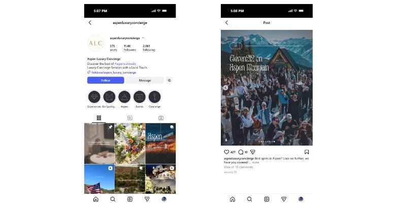 Aspen Luxury Concierge Instagram posts showcasing social media influence on travel decisions