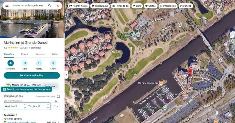 Marina Inn at Grande Dunes Google listing with guest rating, reviews, and booking options showcasing successful online hotel marketing