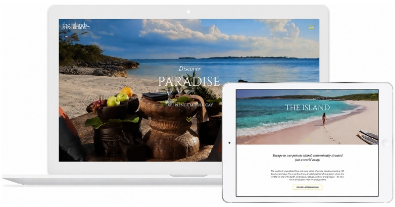 Website design showcasing the online marketing for Musha Cay hotel on a tropical island backdrop.