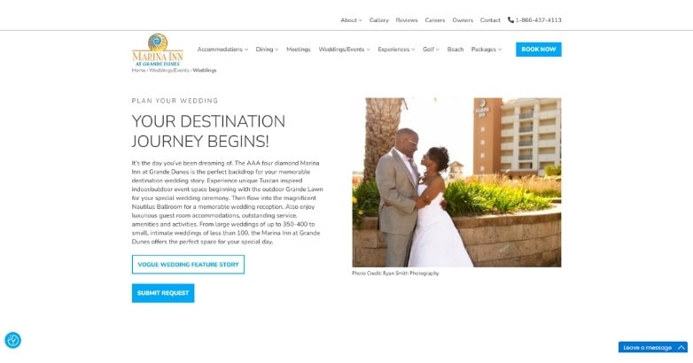 Marina Inn wedding landing page designed to generate leads for destination wedding offers