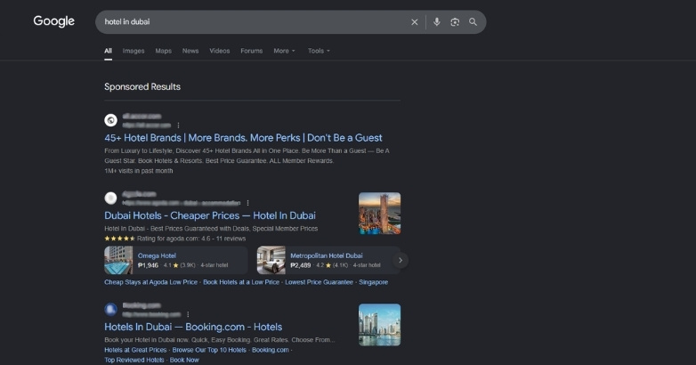 Google sponsored hotel search results for Dubai showing paid search and hotel advertising