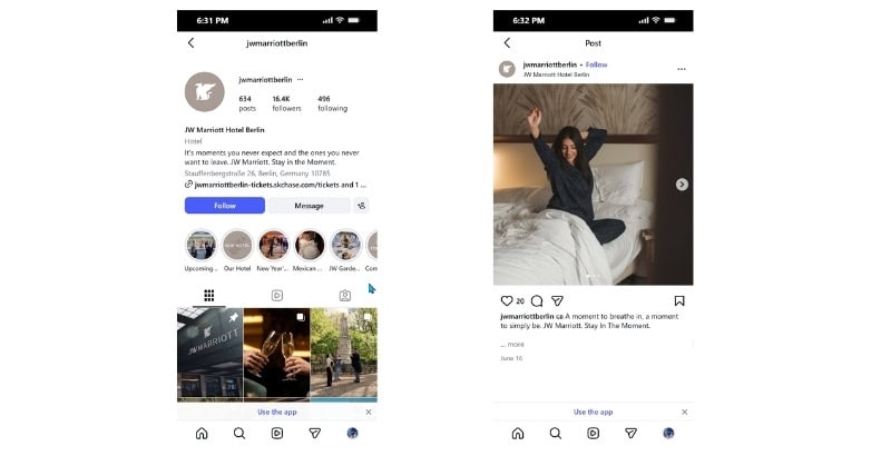 JW Marriott Hotel Berlin Instagram profile and post used to generate hotel leads through social media