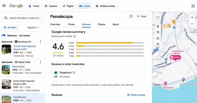 Passalacqua Google hotel listing with reviews, ratings, map, and local SEO visibility