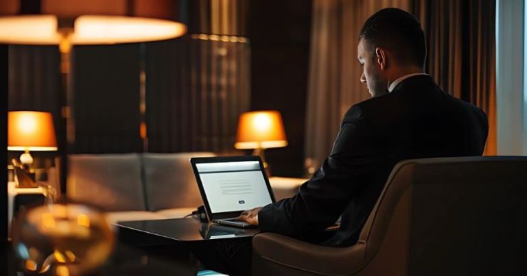 Businessman in a suit working on a laptop in a dimly lit lounge.