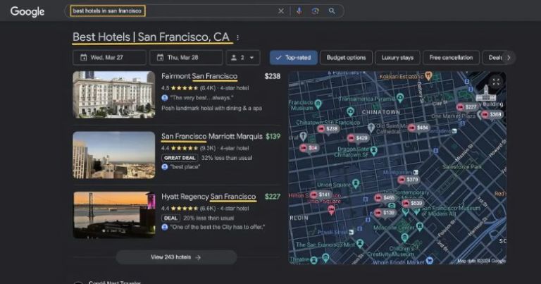 Google search results for "best hotels in san francisco" showing a list and map.