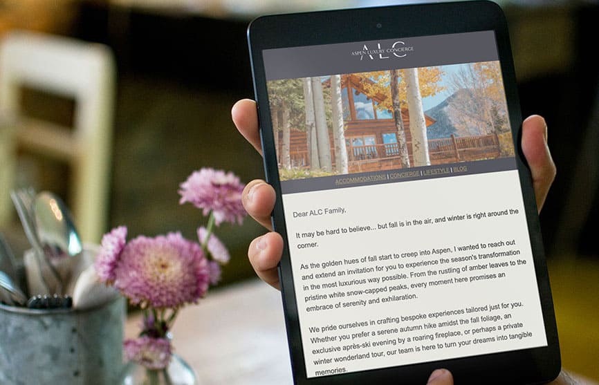 Aspen Luxury Concierge email newsletter displayed on a tablet