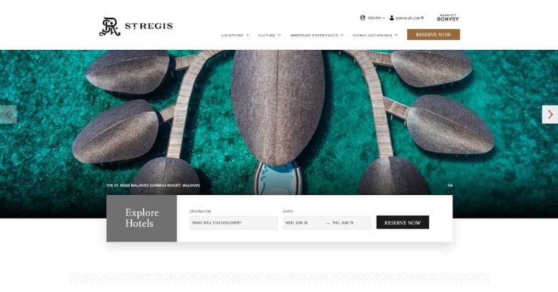 St. Regis luxury hotel website featuring immersive imagery and booking options