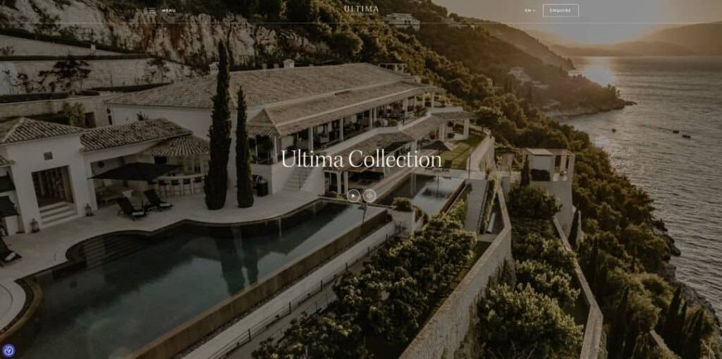 Ultima Collection luxury resort website featuring a private coastal retreat