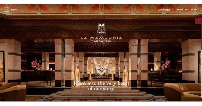 La Mamounia luxury hotel website showcasing elegant Moroccan hospitality design