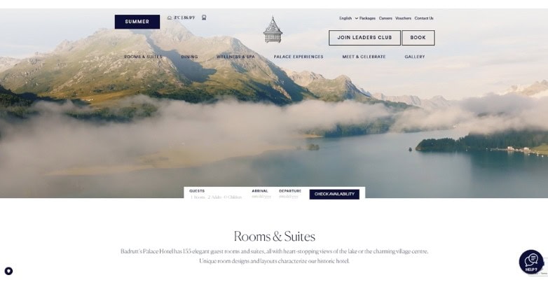 Badrutt's Palace luxury hotel website featuring mountain views and suites