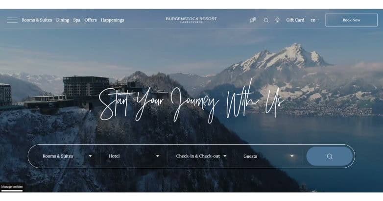 Bürgenstock Resort luxury hotel website with mountain views and booking interface