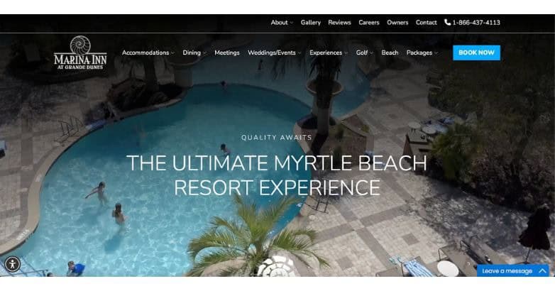 Website screenshot for Marina Inn at Grande Dunes, featuring a pool area and promotional text about the Myrtle Beach resort experience.