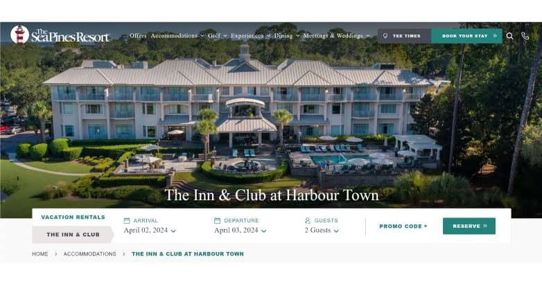 A resort webpage featuring The Inn & Club at Harbour Town, showcasing the building and pool area surrounded by greenery.