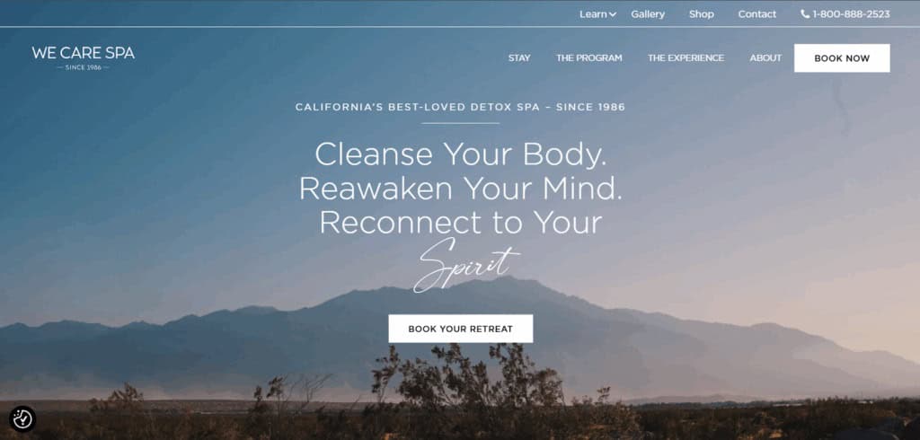 We Care Spa luxury wellness website featuring a retreat experience