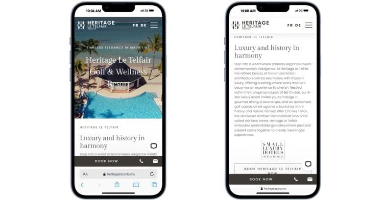 Two mobile screens displaying the Heritage Le Telfair Golf & Wellness Resort website, featuring a pool and luxury descriptions.