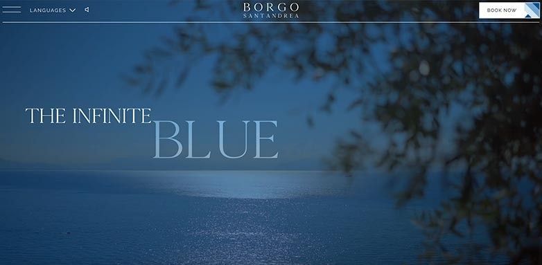 A serene blue seascape with the text "THE INFINITE BLUE" overlaying it, promoting Borgo Santandrea.