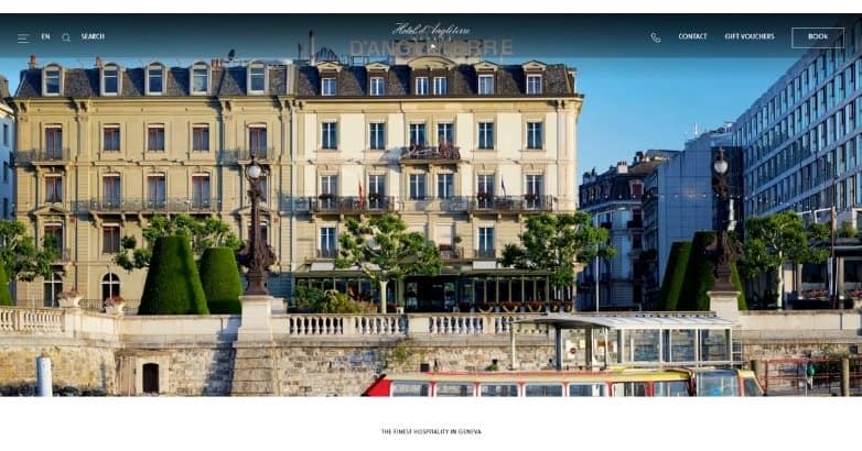 Hotel d'Angleterre luxury hotel website showcasing Geneva waterfront views