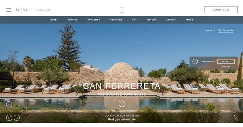 A serene hotel website featuring a pool area with lounge chairs, surrounded by greenery and stone architecture.