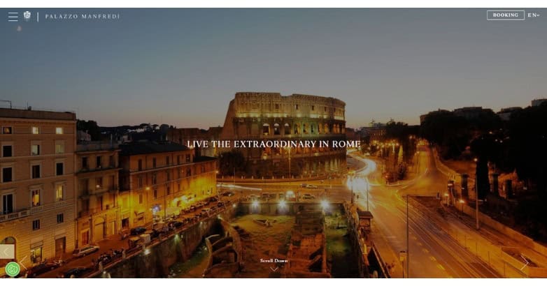 A scenic view of Rome at dusk featuring the Colosseum, with illuminated streets and buildings. Text overlay promotes an extraordinary experience.