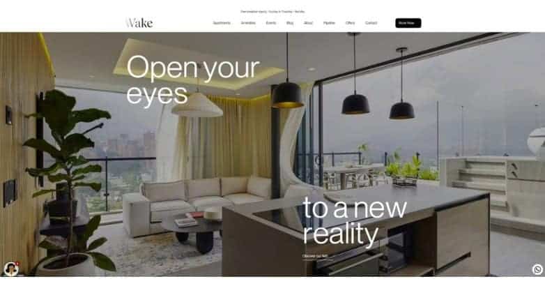 A modern living space featuring a cozy sofa, large windows with city views, and stylish decor. Text invites viewers to explore new realities.