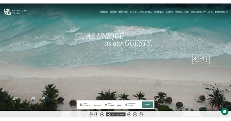 Aerial view of a beach with turquoise water and palm trees, featuring text about guest uniqueness.