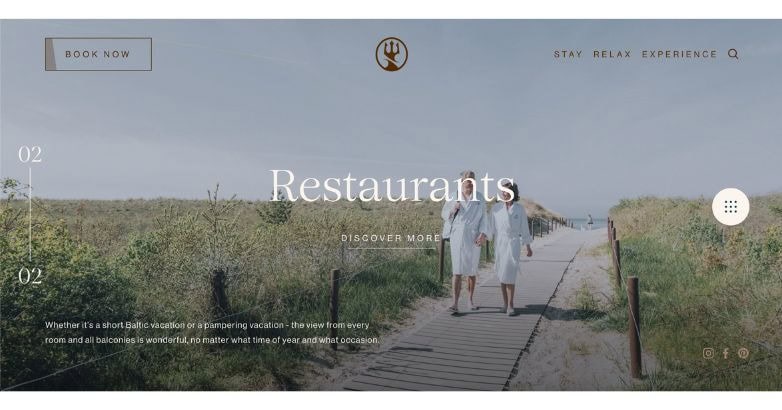 A serene beach scene with two people in white robes walking on a wooden path, surrounded by greenery. Text highlights restaurants and booking options.