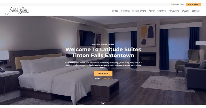 Website homepage for Latitude Suites Tinton Falls Eatontown, featuring a welcoming message and a modern hotel room layout.