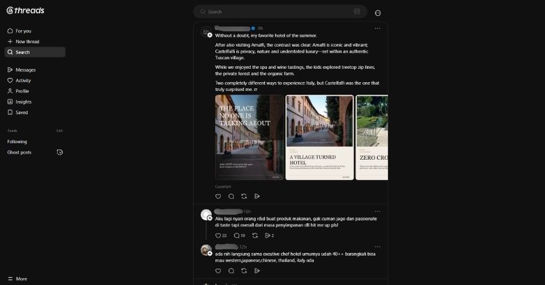 Threads interface showing a hotel travel post and guest engagement.