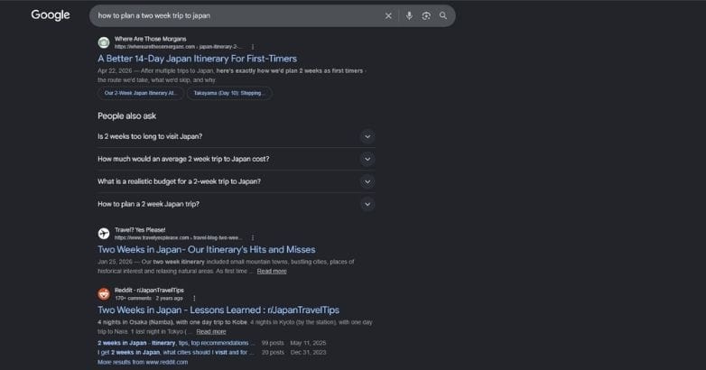 Travel content marketing showing Google search results for itinerary planning queries.