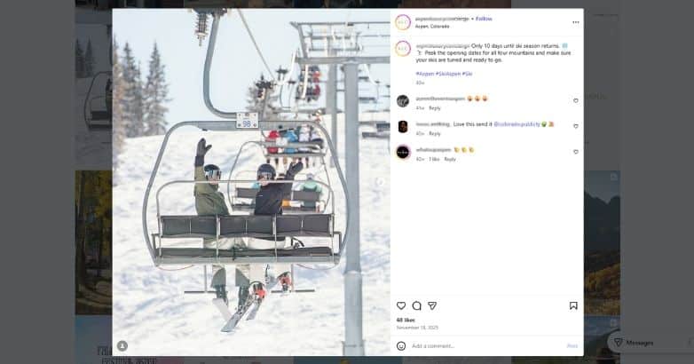 Ski resort social media post promoting travel experiences and local partnerships.