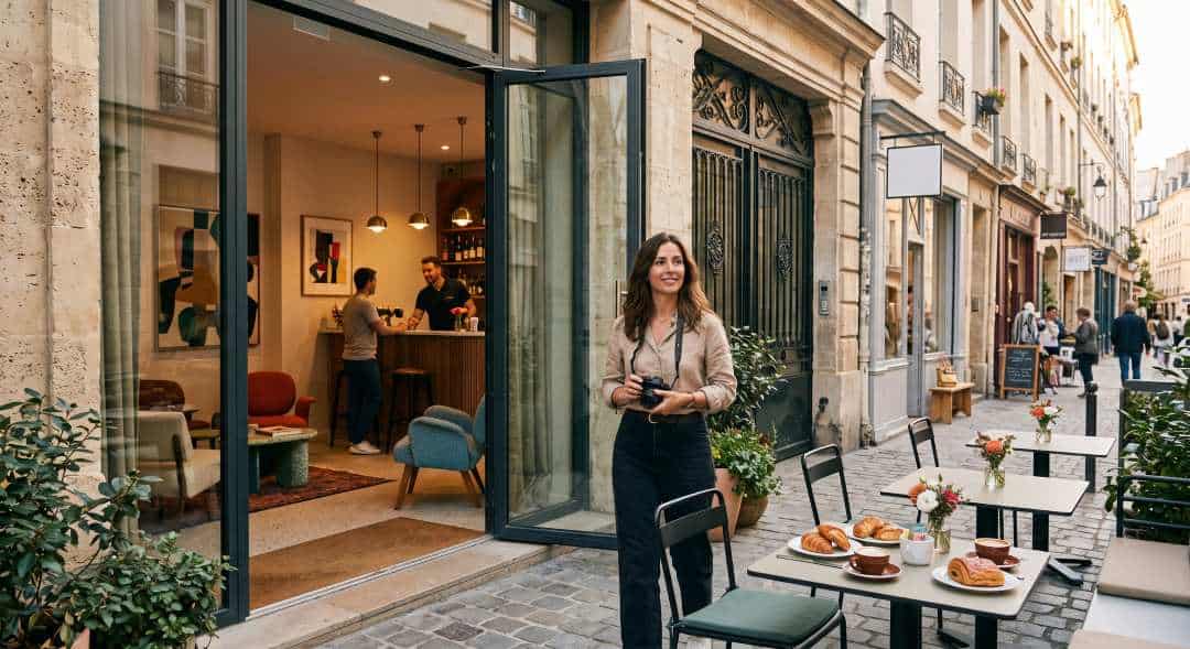 Woman with a camera outside a boutique hotel cafe on a cobblestone street.
