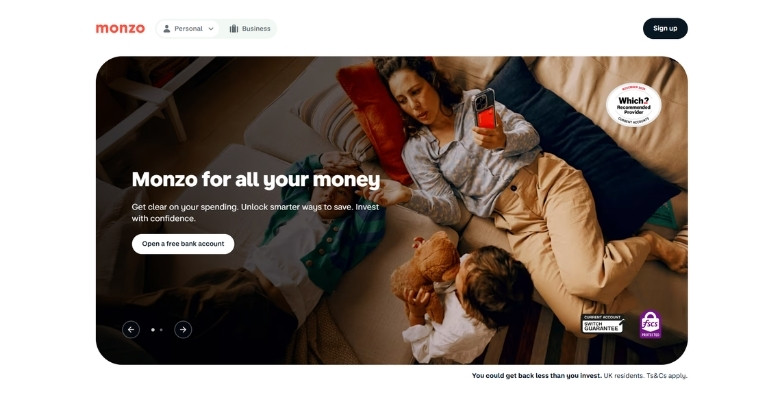 Monzo bank website design highlighting mobile banking, UX, and personal finance management