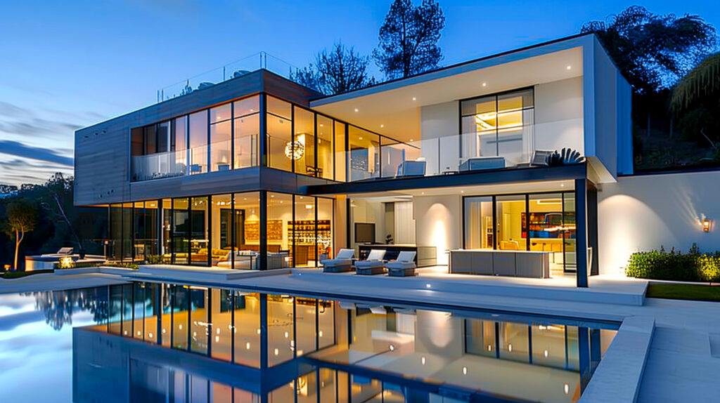 As night falls, a sleek modern luxury property showcases clean lines, expansive glass windows, and a serene illuminated swimming pool.