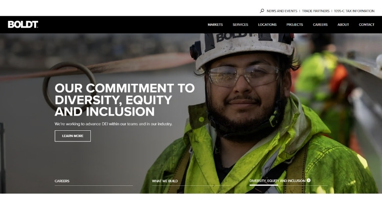 Construction website design for Boldt showcasing branding, workforce, and company values