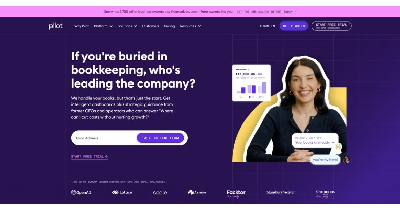 CPA website design for Pilot showcasing bookkeeping services and modern financial dashboards