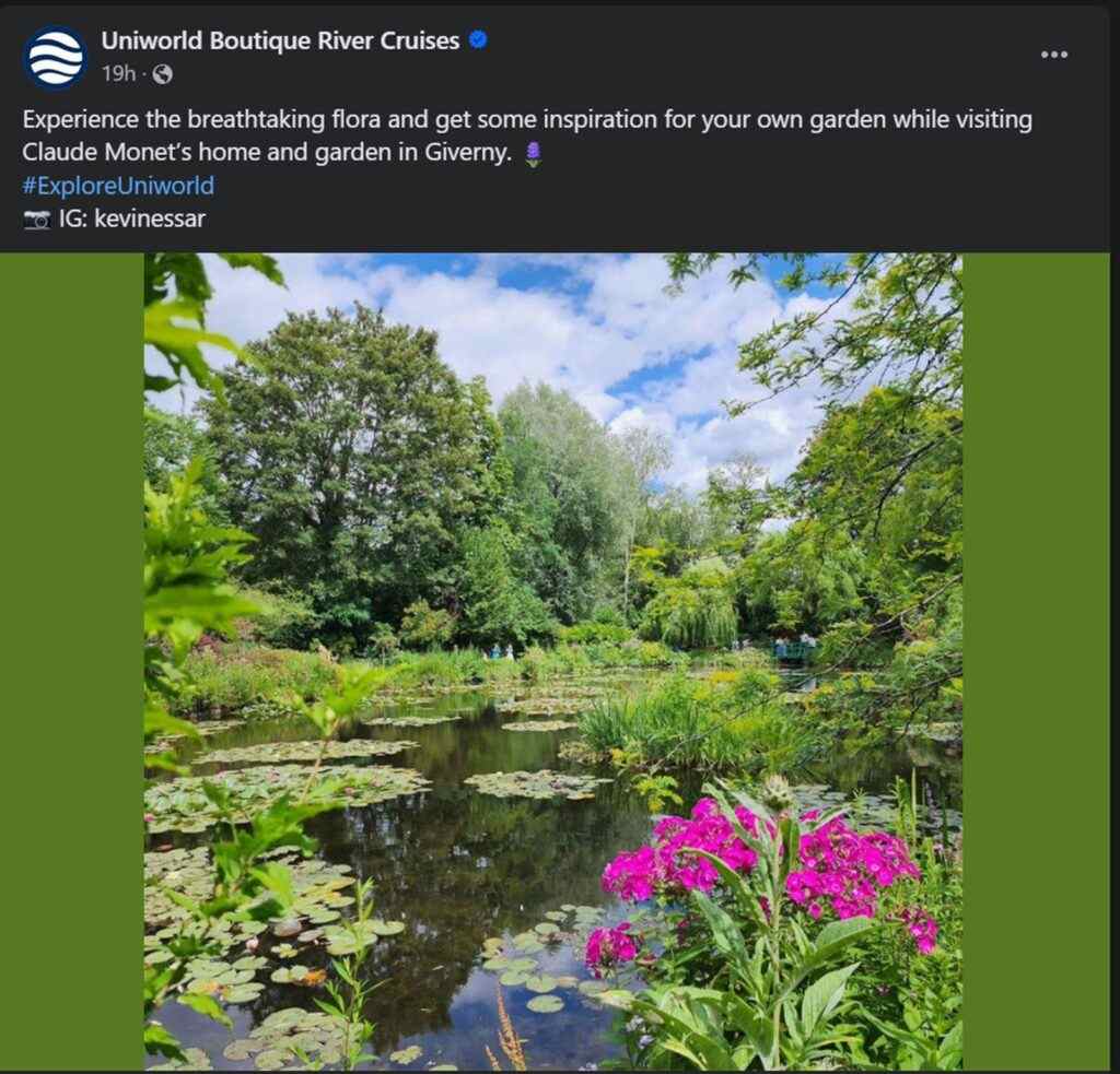 Facebook post of the Uniworld Boutique River Cruises introducing the beautiful garden in Giverny.