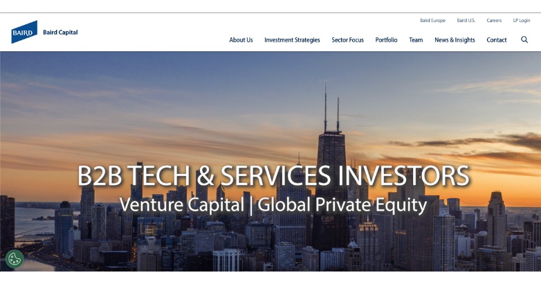 Baird Capital Private Equity Website Design showcasing a city skyline at sunset with the text "B2B Tech & Services Investors