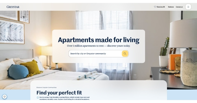 Real estate website design showcasing Greystar apartments with search and user-focused experience