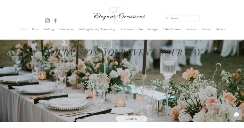 Wedding website displayed on a white background, showcasing the design by Elegant Occasions for event planning.