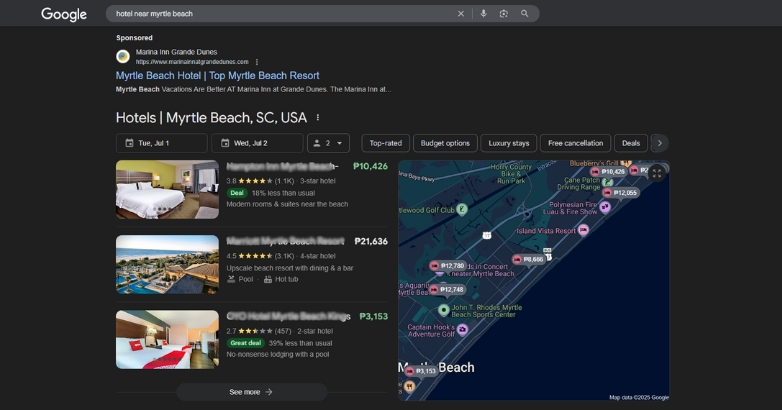 Google search result hotel interface highlighting digital marketing services tailored for hotels.