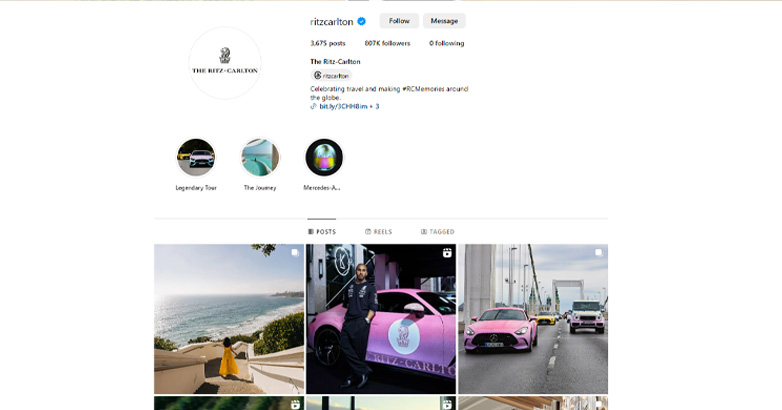 Screenshot of a car post on Instagram, promoting the Ritz-Carlton's social media for hotels.
